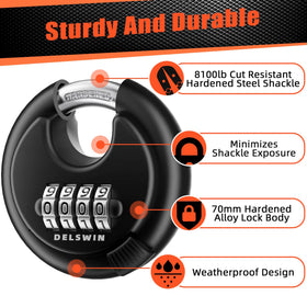 DELSWIN heavy-duty padlock shackle closeup shows hardened steel and secure design.
