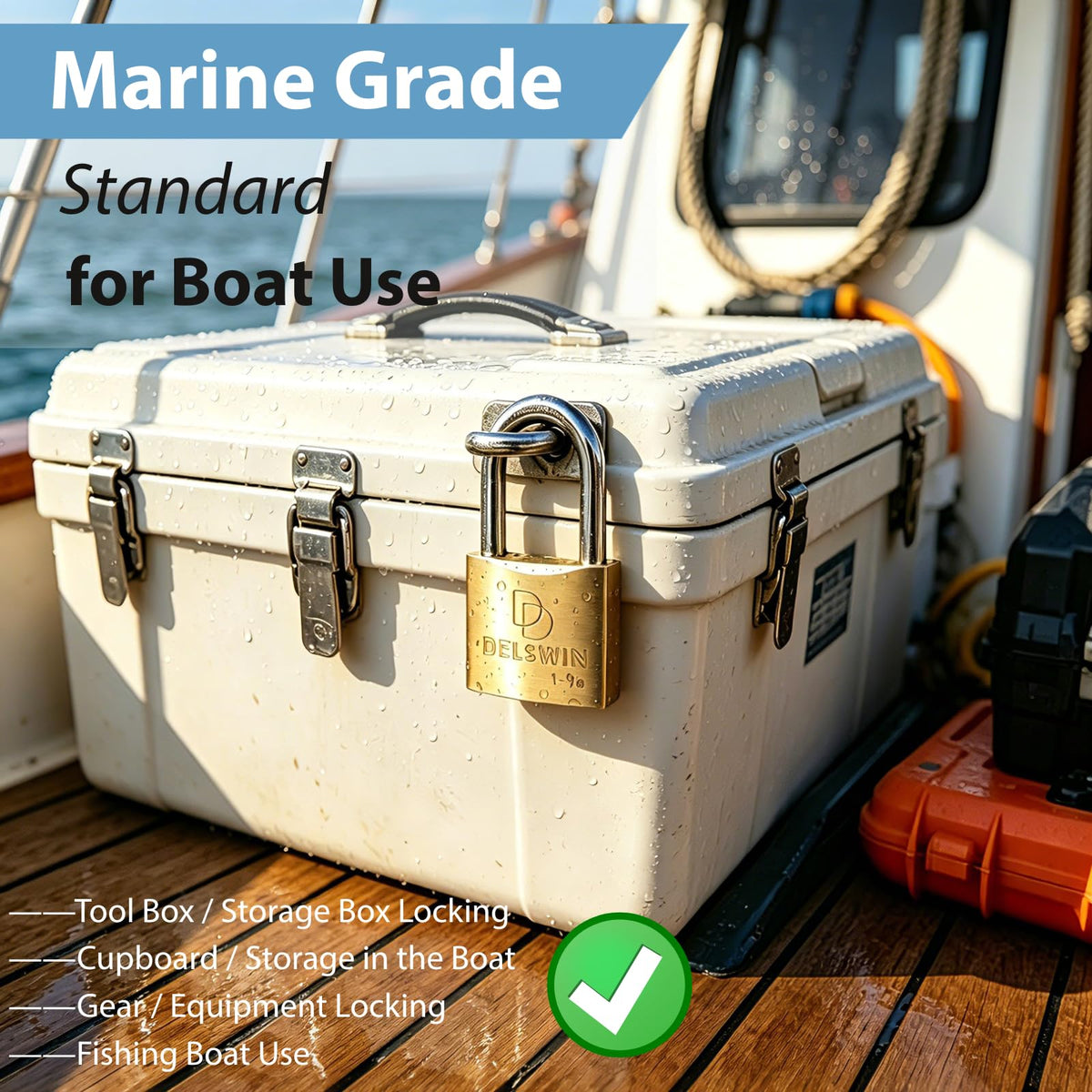 DELSWIN padlock with hardened shackle for added outdoor cut resistance.