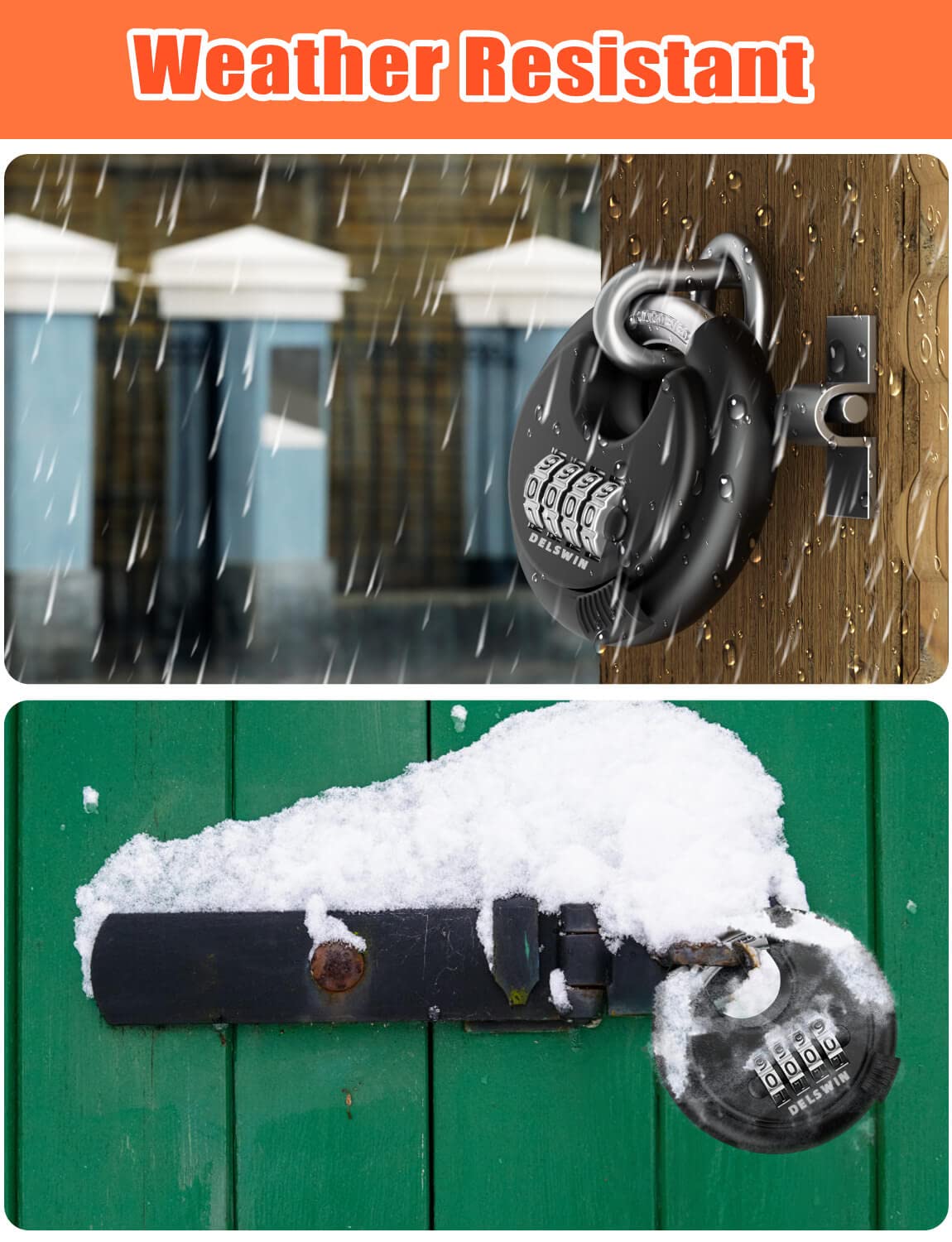 DELSWIN weatherproof padlock in rain demonstrates outdoor durability.