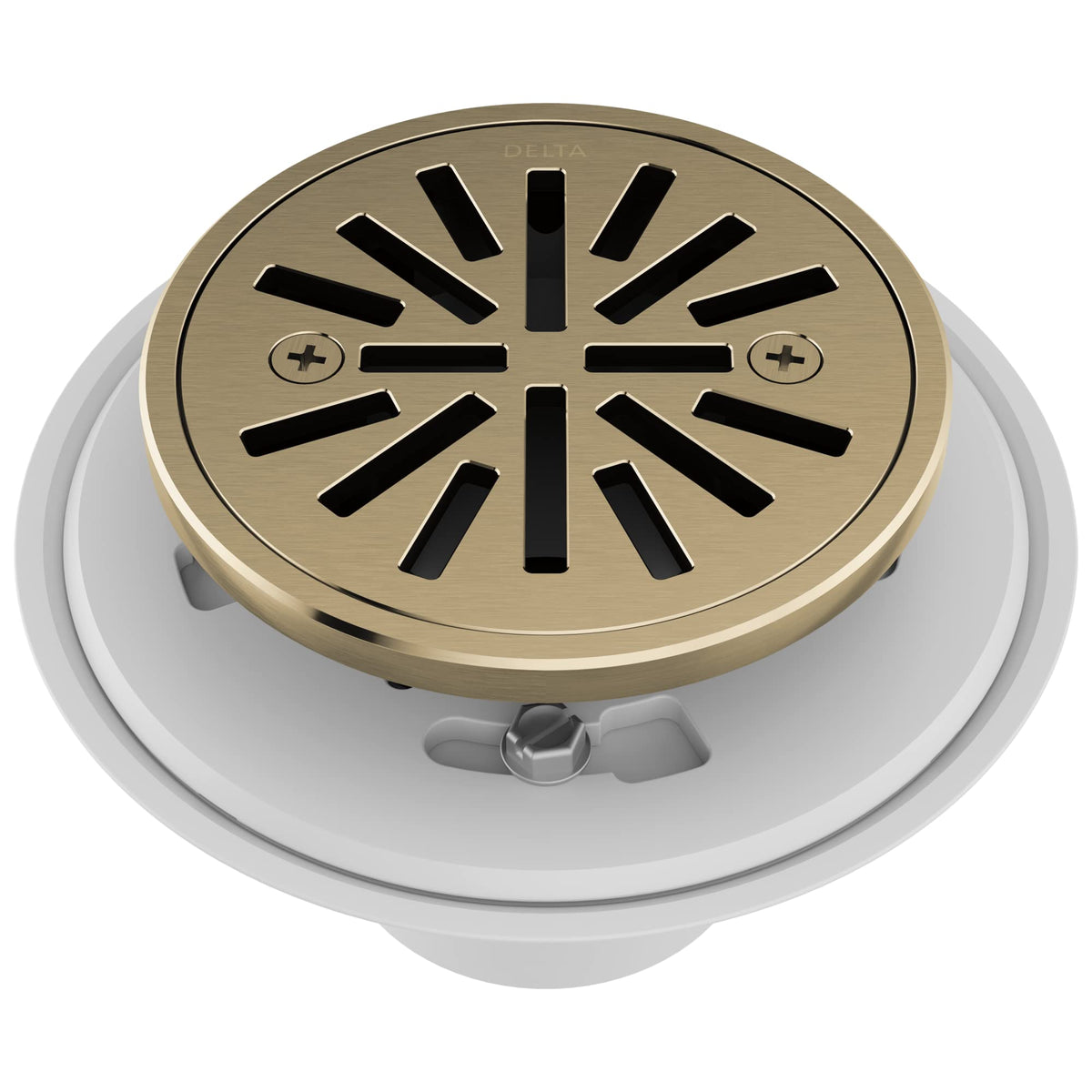 Delta tile-in round shower drain in champagne bronze for a seamless bathroom floor