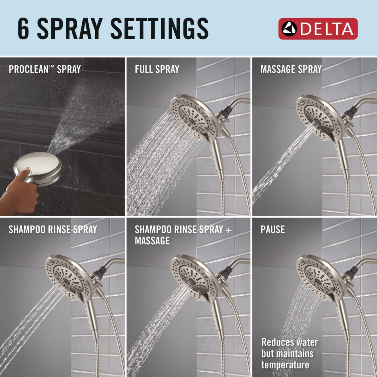 Delta In2ition six spray options including ProClean and massage modes