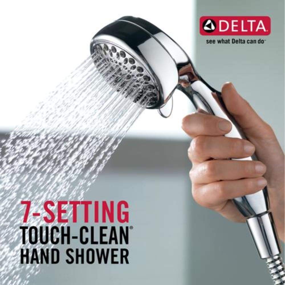 DELTA 75701C chrome hand shower with multiple spray settings for customizable comfort.