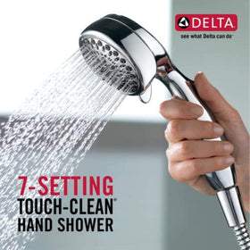 DELTA 75701C chrome hand shower with multiple spray settings for customizable comfort.