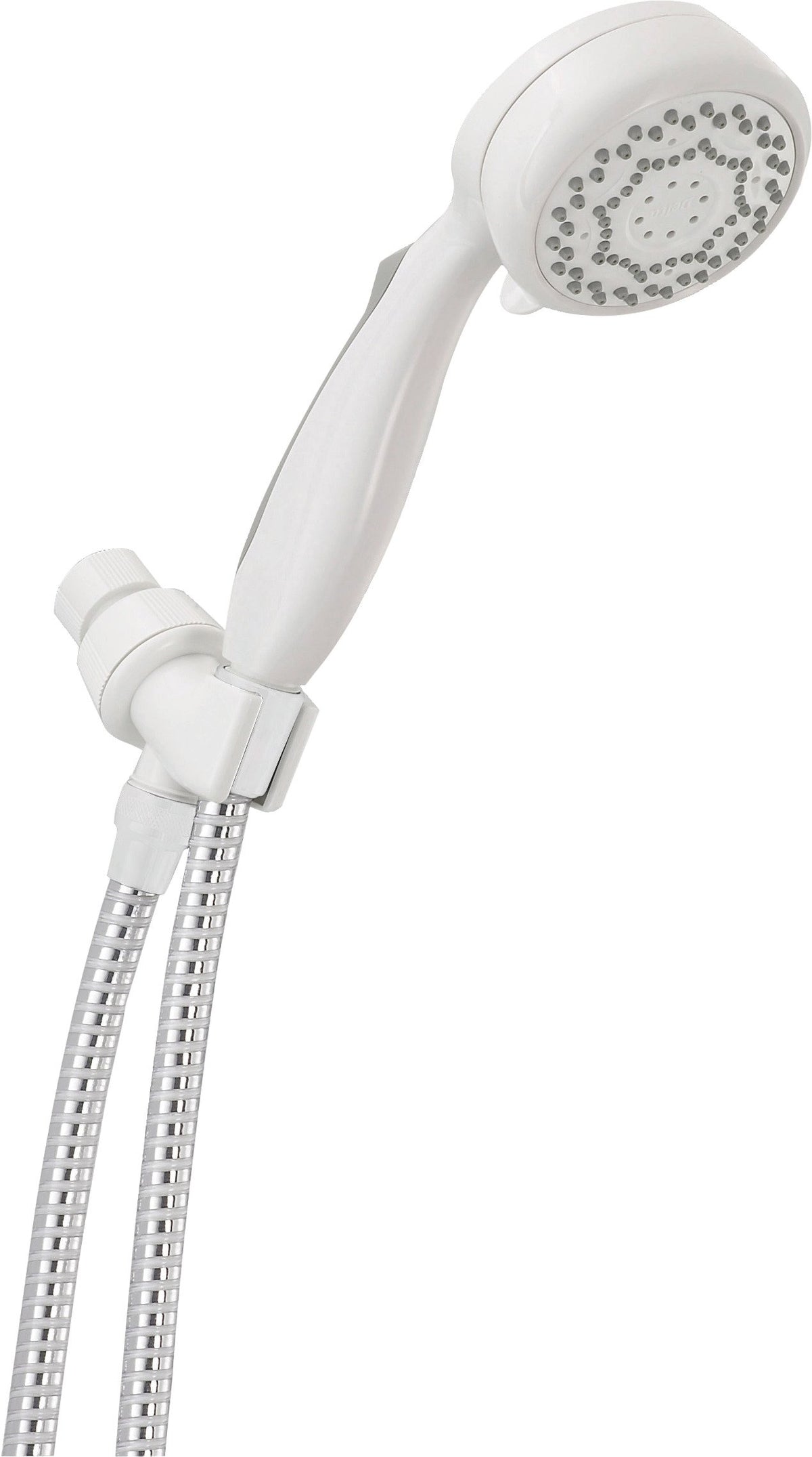 Delta 75701CWH hand shower image highlights pause feature and WaterSense efficiency for daily use