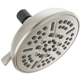 Delta 75898CSN brushed nickel shower head with eight spray options for customizable showers.