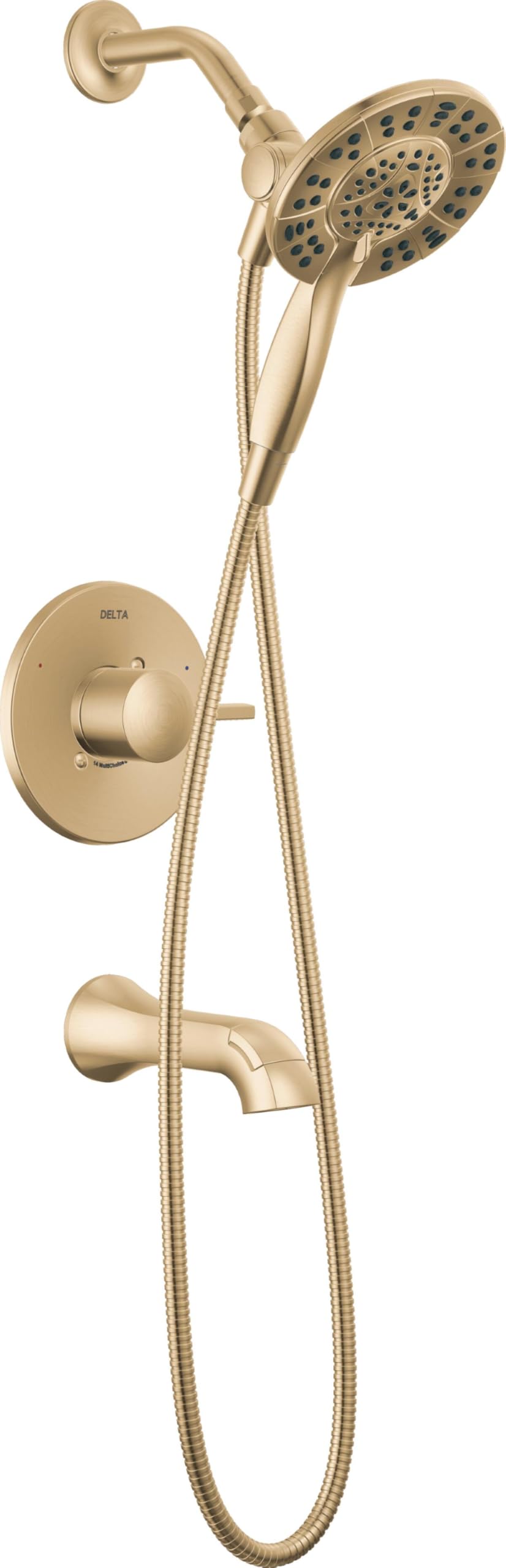 Delta Albion 14 Series brushed gold tub shower faucet set showcases a durable finish for a modern bathroom.