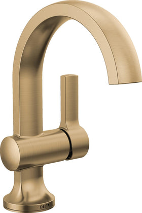 Delta Albion brushed gold faucet seen from angle view highlighting modern lines, finish, and durability