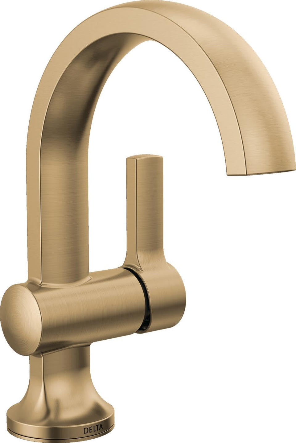 Delta Albion brushed gold faucet seen from angle view highlighting modern lines, finish, and durability