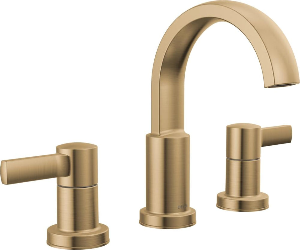 Delta Albion brushed gold faucet angle view shows modern design and WaterSense efficiency.