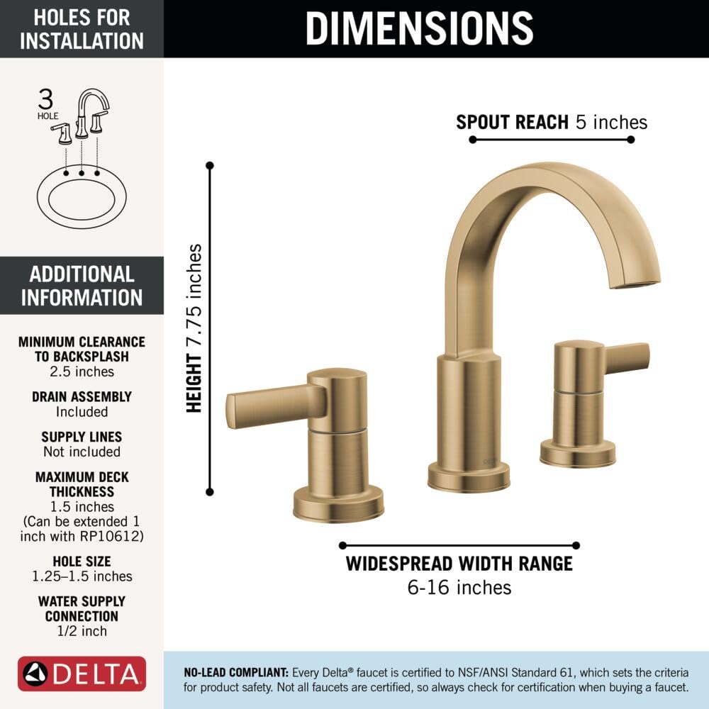 Delta Albion brushed gold faucet drain assembly image highlights easy-to-clean push-pop drain.