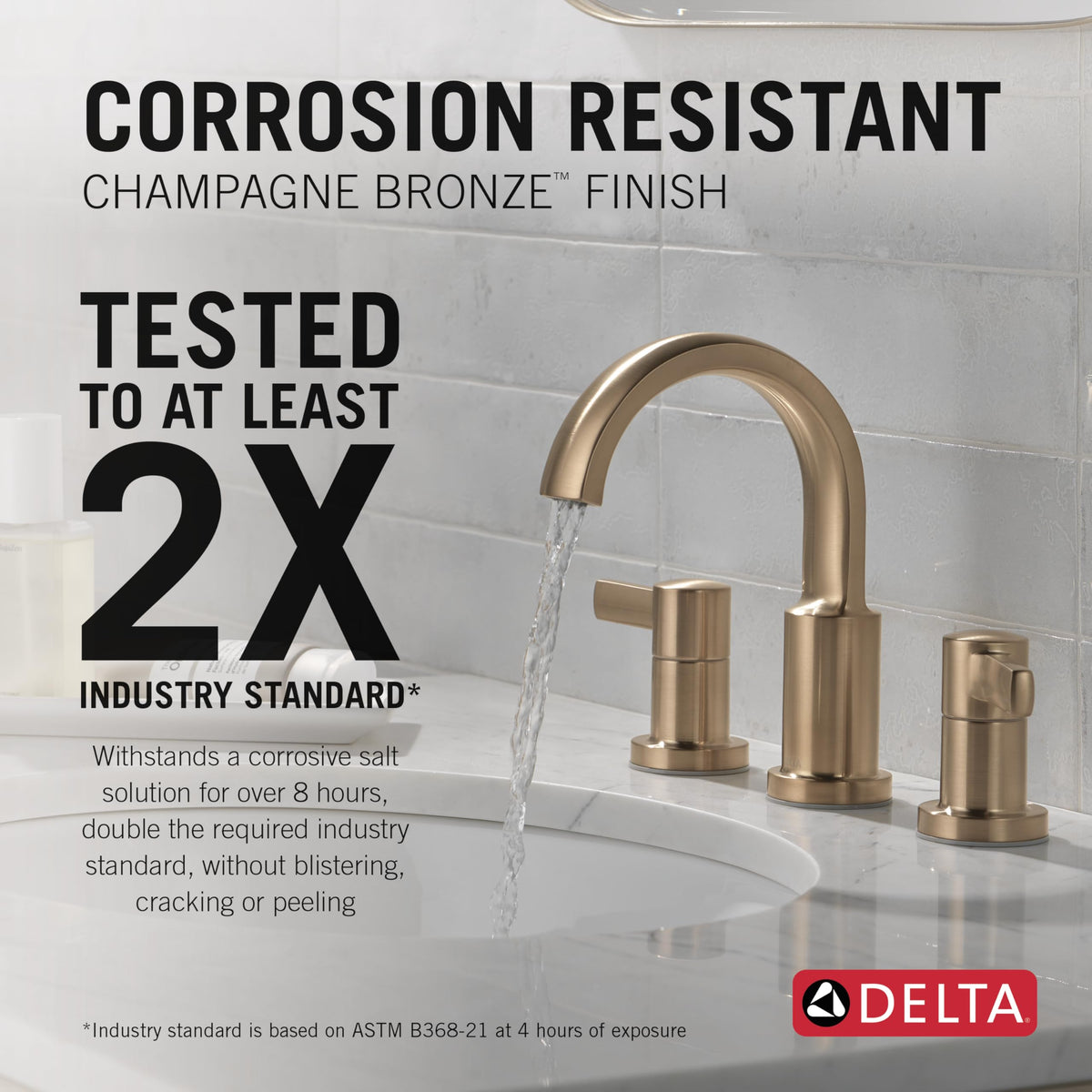 Delta Albion brushed gold faucet handle close-up highlights smooth operation.
