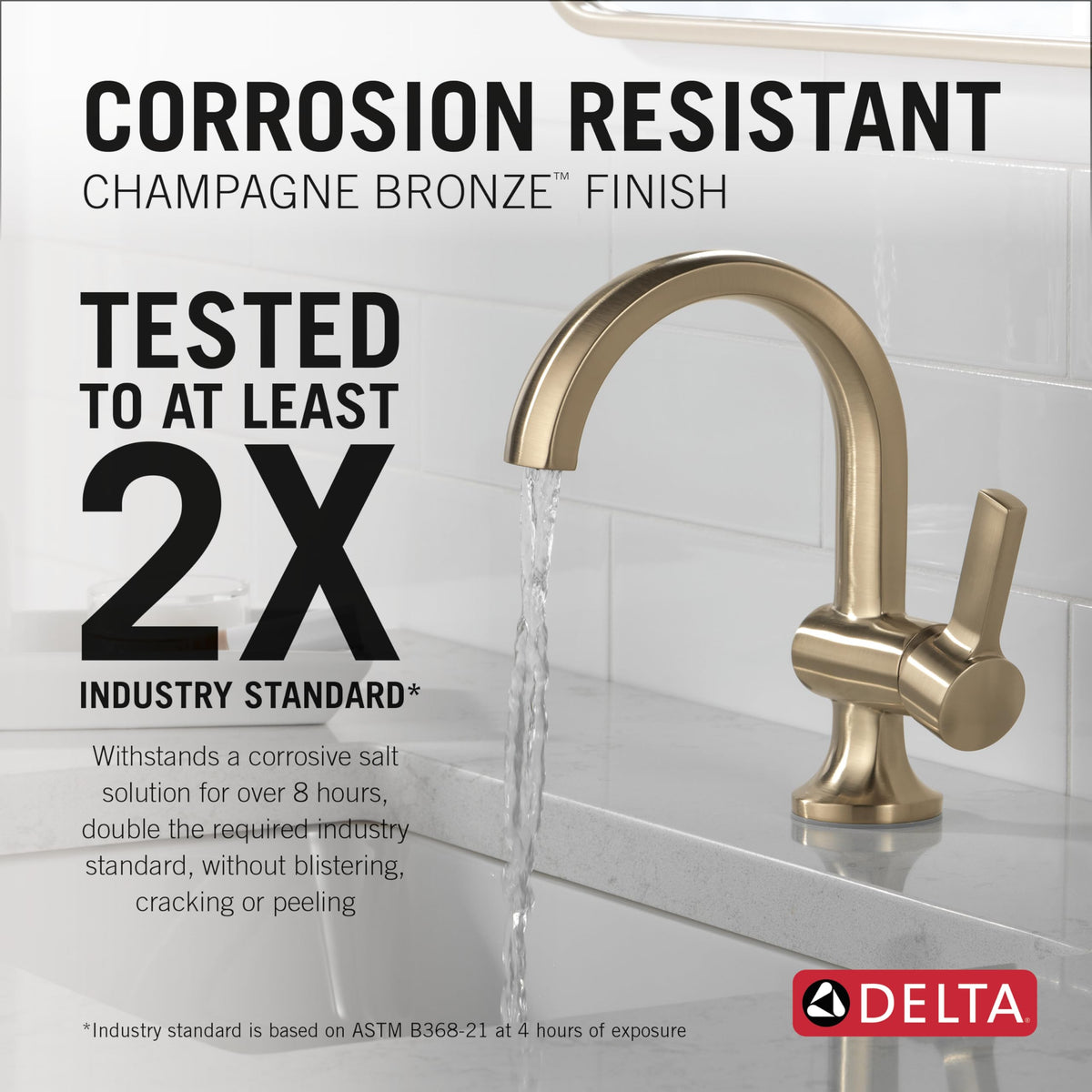 Delta Albion brushed gold faucet side handle close-up showing easy operation and reliability