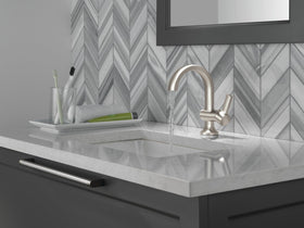 Delta Albion brushed nickel faucet push-button drain is simple to clean