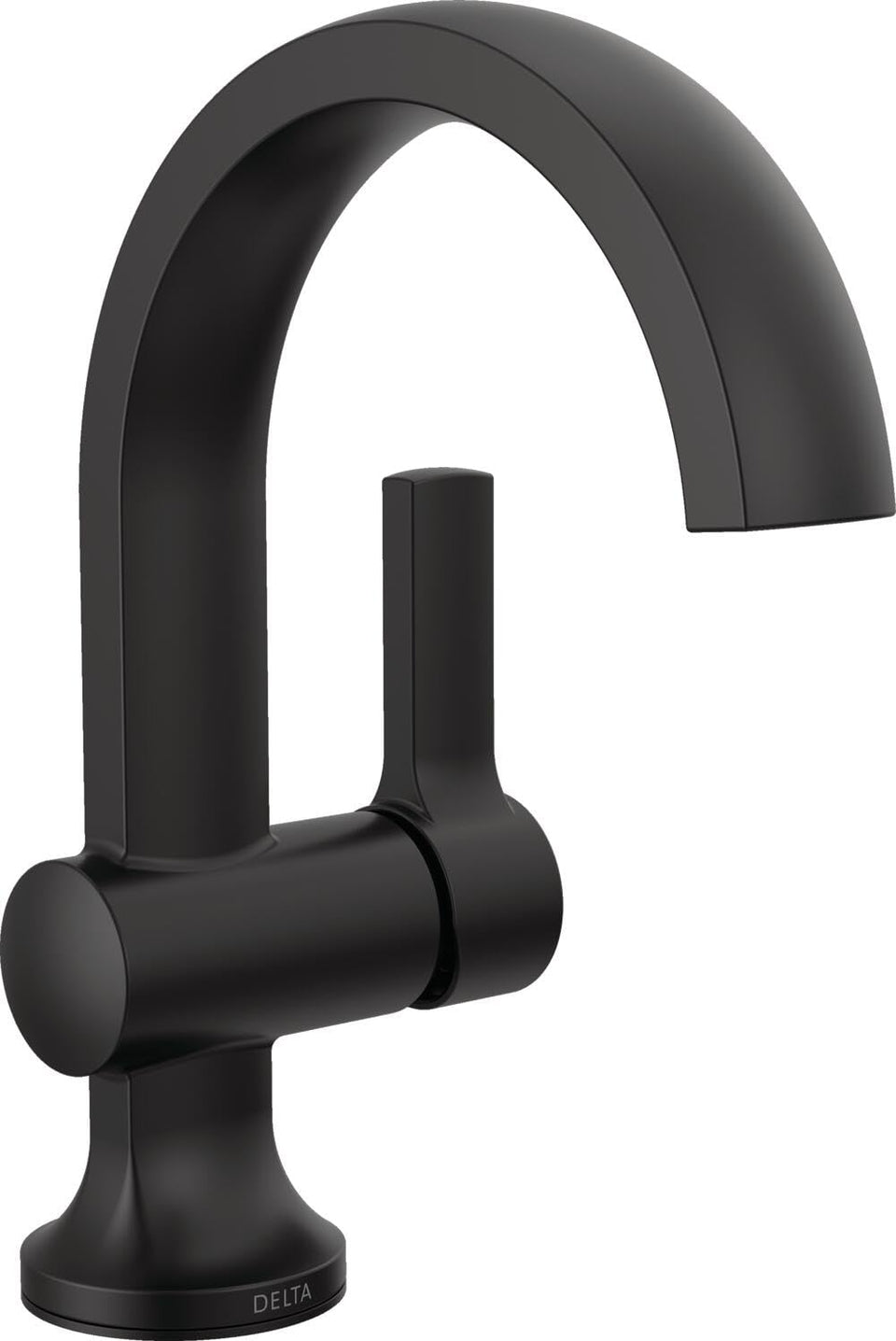 Delta Albion matte black faucet for 1-hole vanity with sleek, architectural style.