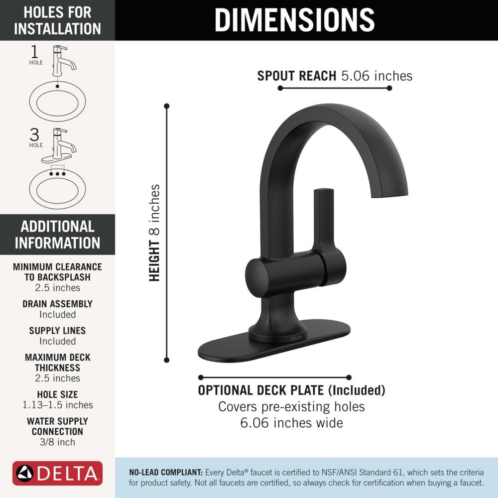 Delta Albion push-pop drain for easy, above-deck maintenance.