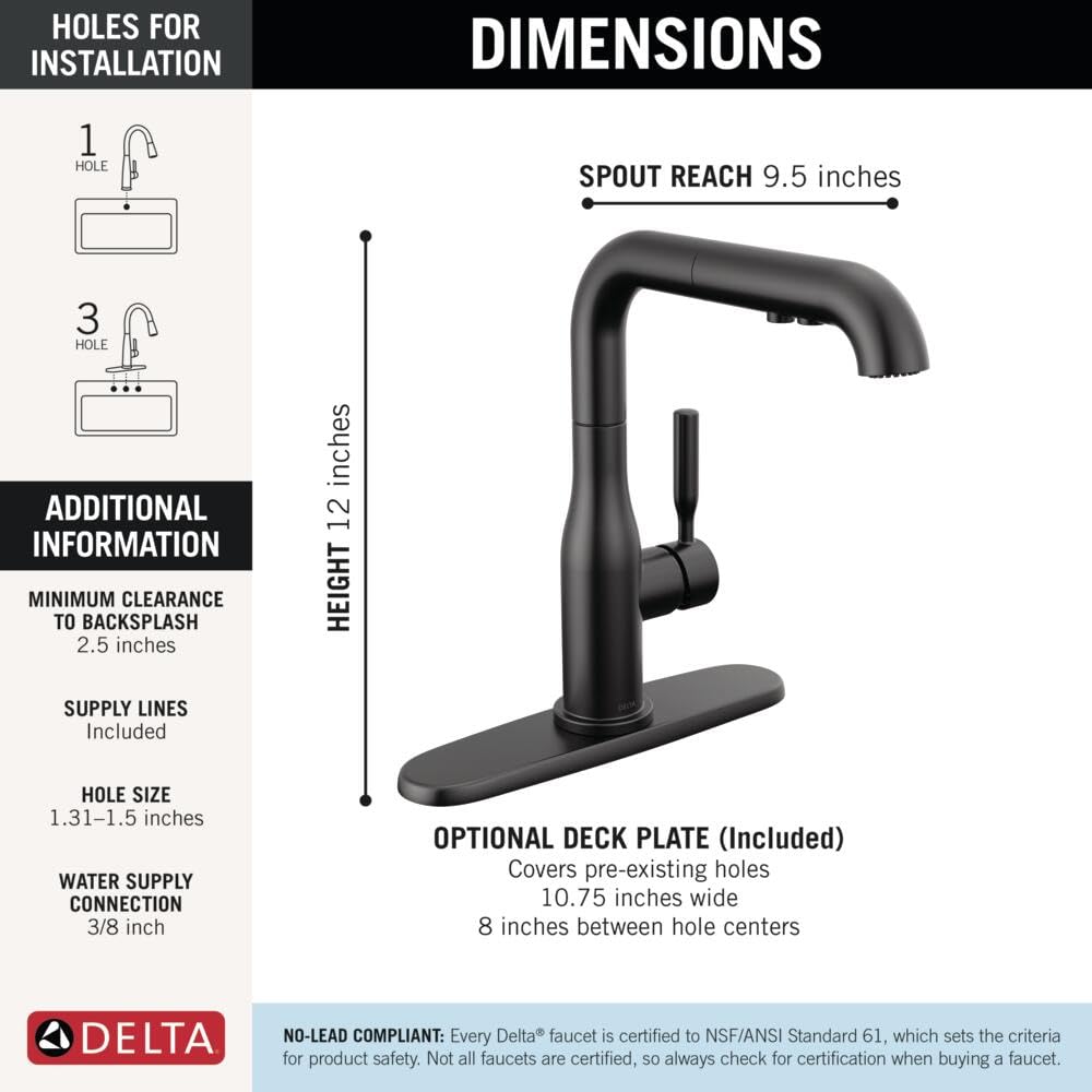 Delta Almari matte black faucet with Touch-Clean spray holes for easy mineral removal
