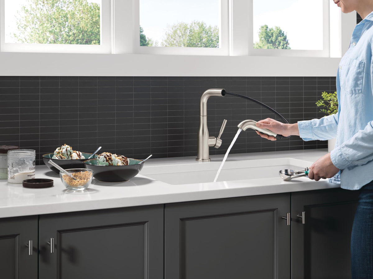 Delta Almari single-handle control in brushed nickel for easy one-handed use
