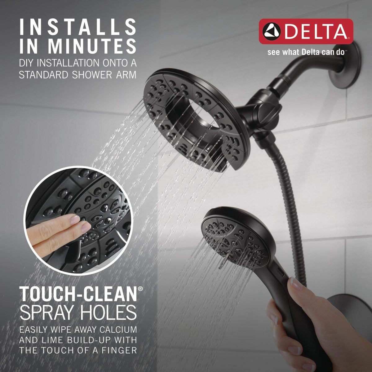 Delta Arvo Touch-Clean spray holes resist mineral buildup for easy cleaning