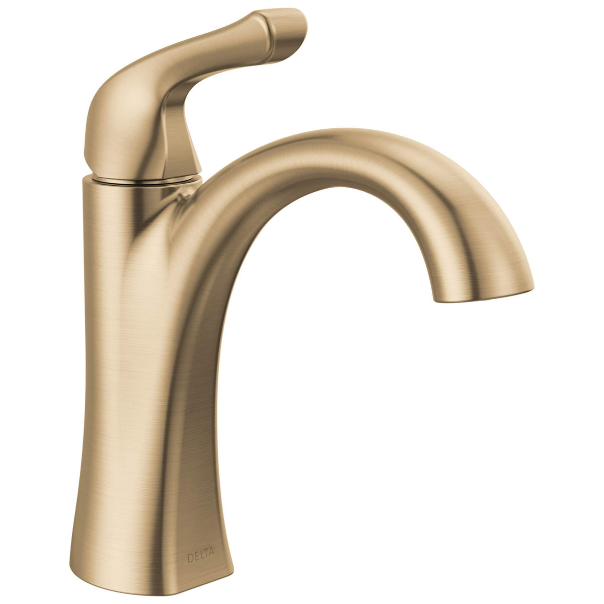 Delta Arvo brushed gold faucet side view highlighting slim profile for compact vanity