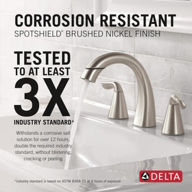 Delta Arvo 8-inch wide installation demonstrates versatile three-hole setup.