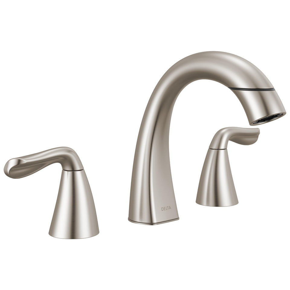 Delta Arvo brushed nickel front view showcases elegant lines and everyday practicality.