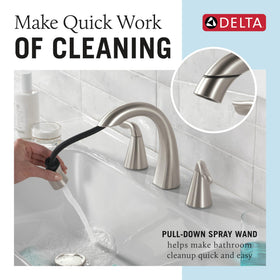 Delta Arvo brushed nickel pull-down sprayer highlights easy reach for sink cleanup.