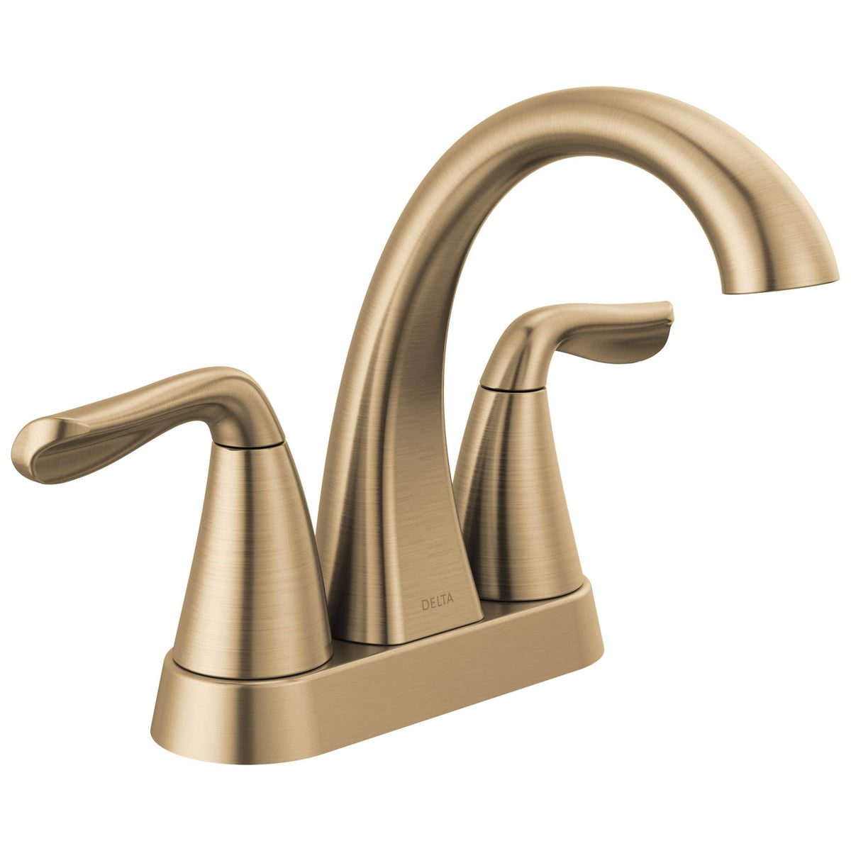 Delta Arvo centerset champagne bronze 2-handle faucet enhances modern bath with easy operation.