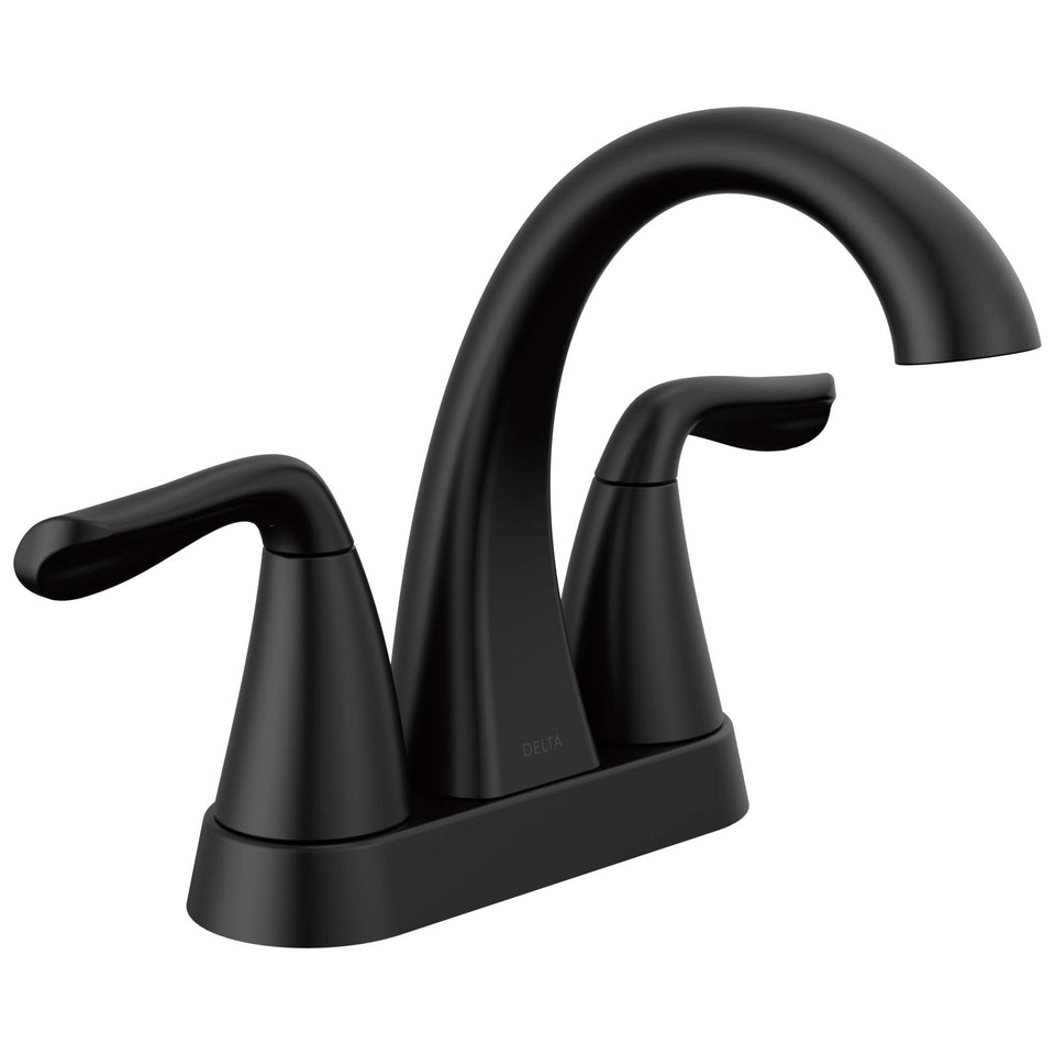 Delta Arvo centerset faucet in matte black with sleek, modern bath appeal.