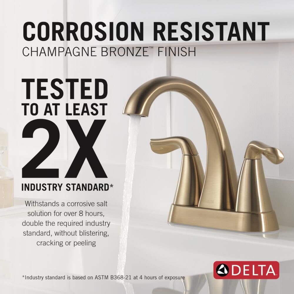 Delta Arvo champagne bronze finish provides durable shine for daily bathroom use.