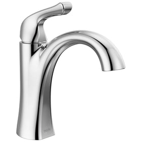 Delta Arvo chrome faucet front view; sleek lines for modern bathrooms.