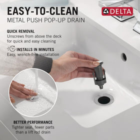 Delta Arvo chrome faucet installed in sink; seamless vanity integration.