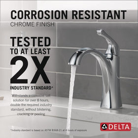 Delta Arvo chrome faucet side profile; compact for 1-hole installations.