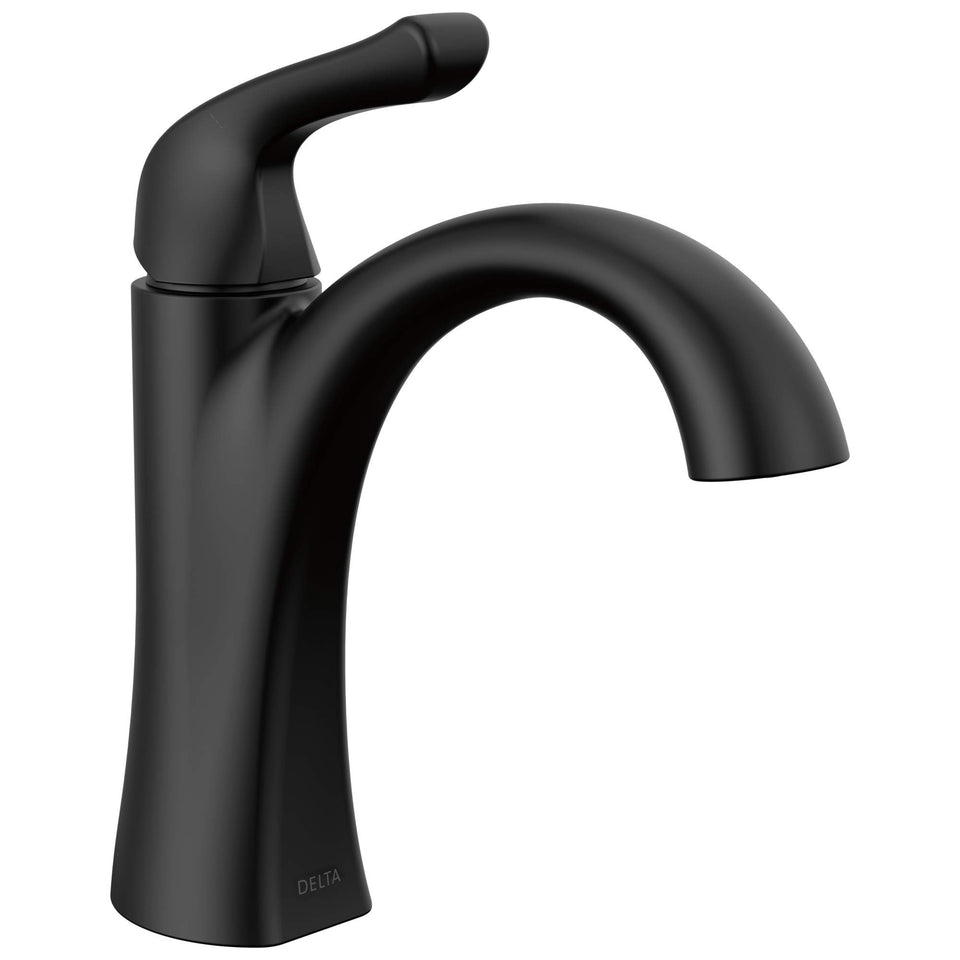 Delta Arvo matte black bathroom faucet 1-hole installation with sleek lines for modern vanity