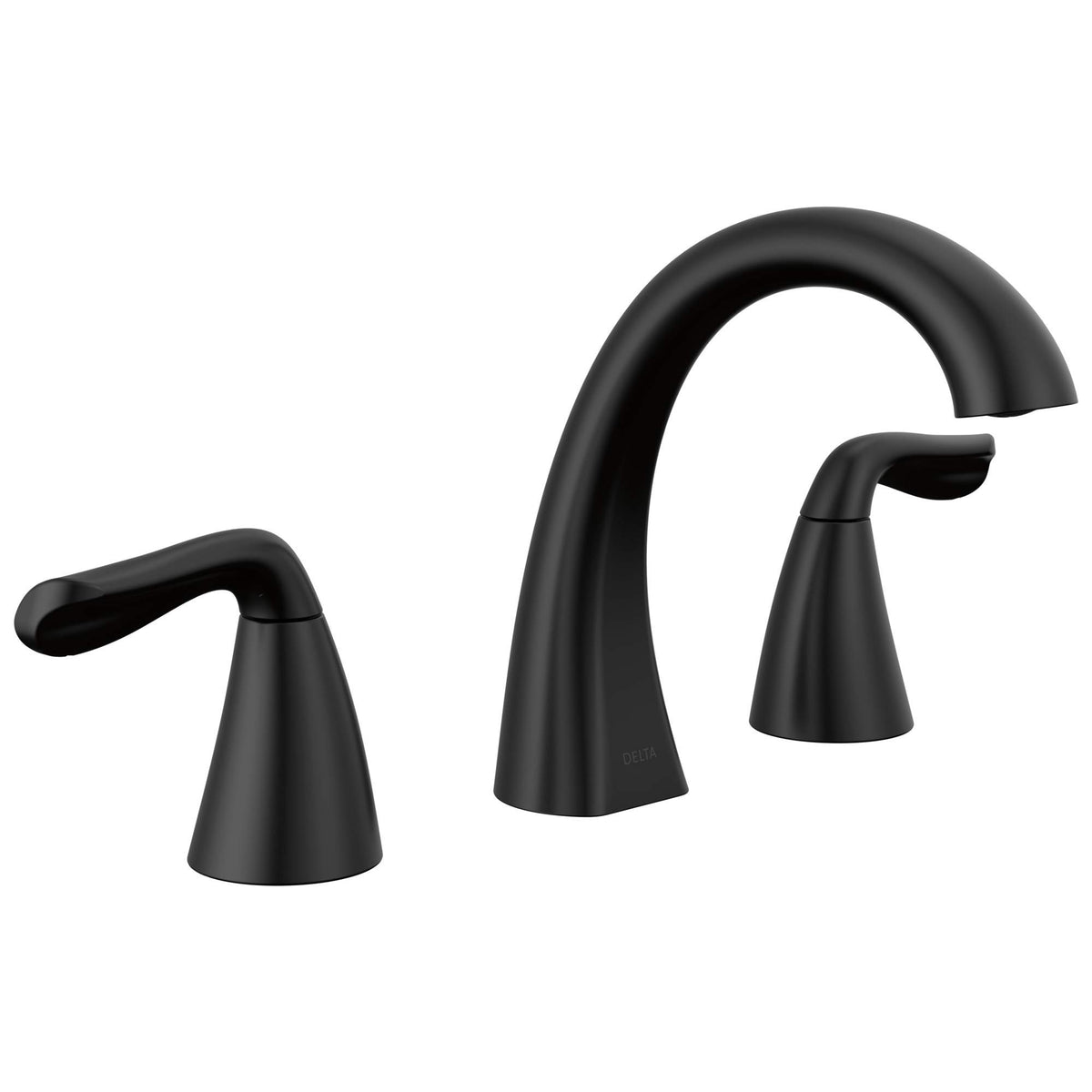 Delta Arvo matte black faucet, 8-inch widespread, ideal for updated 3-hole vanities.
