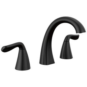 Delta Arvo matte black faucet, 8-inch widespread, ideal for updated 3-hole vanities.