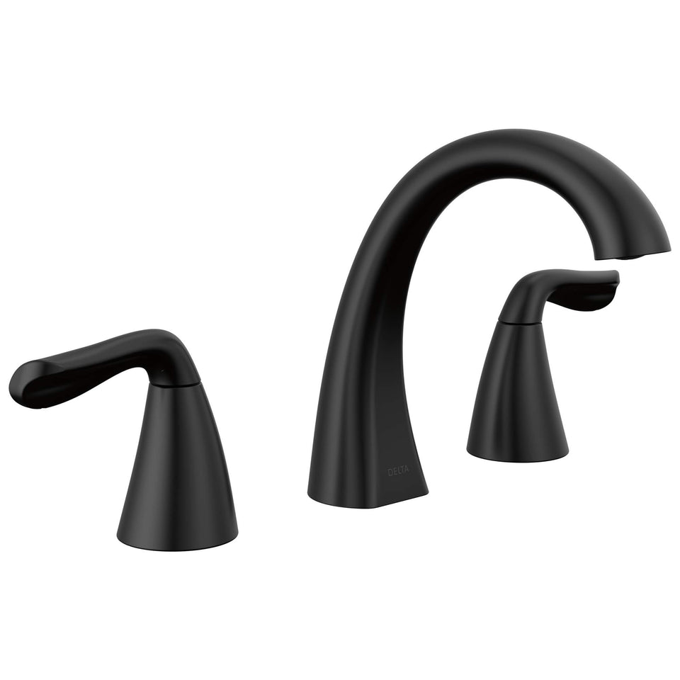 Delta Arvo matte black faucet, 8-inch widespread, ideal for updated 3-hole vanities.
