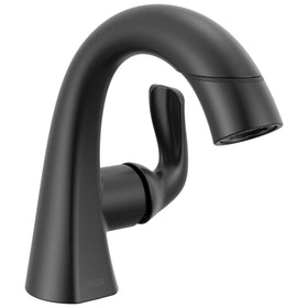 Delta Arvo matte black faucet front view showing sleek lines