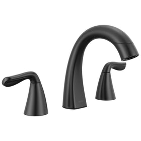 Delta Arvo matte black faucet main view enhancing a serene bathroom focal point