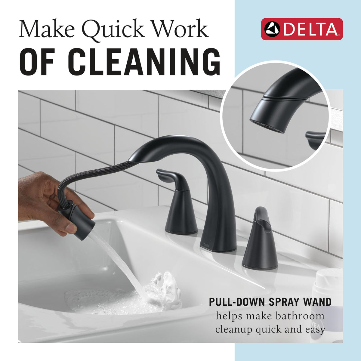 Delta Arvo pull-down sprayer in matte black for easier sink cleaning