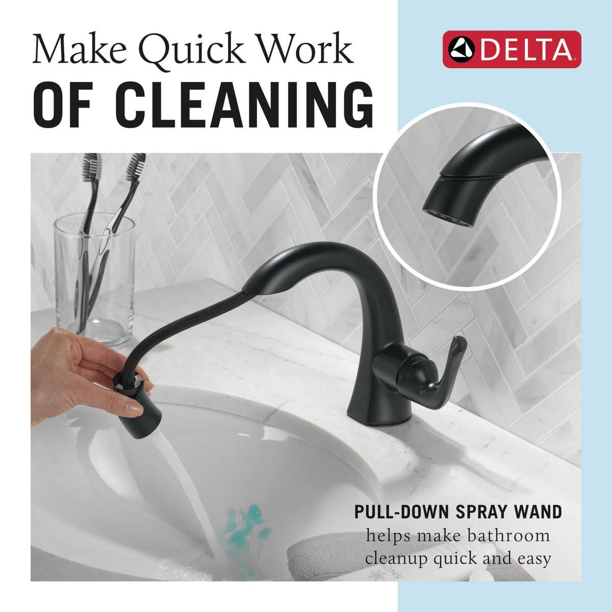 Delta Arvo matte black sprayer close-up with pull-down wand