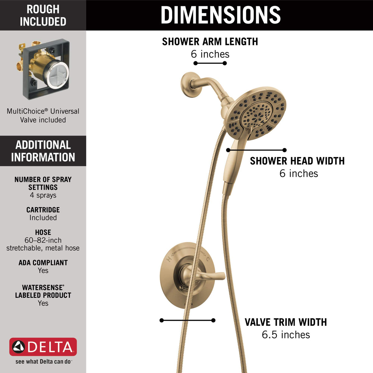 Delta Arvo monitor pressure-balanced valve maintains steady temperature during showers.