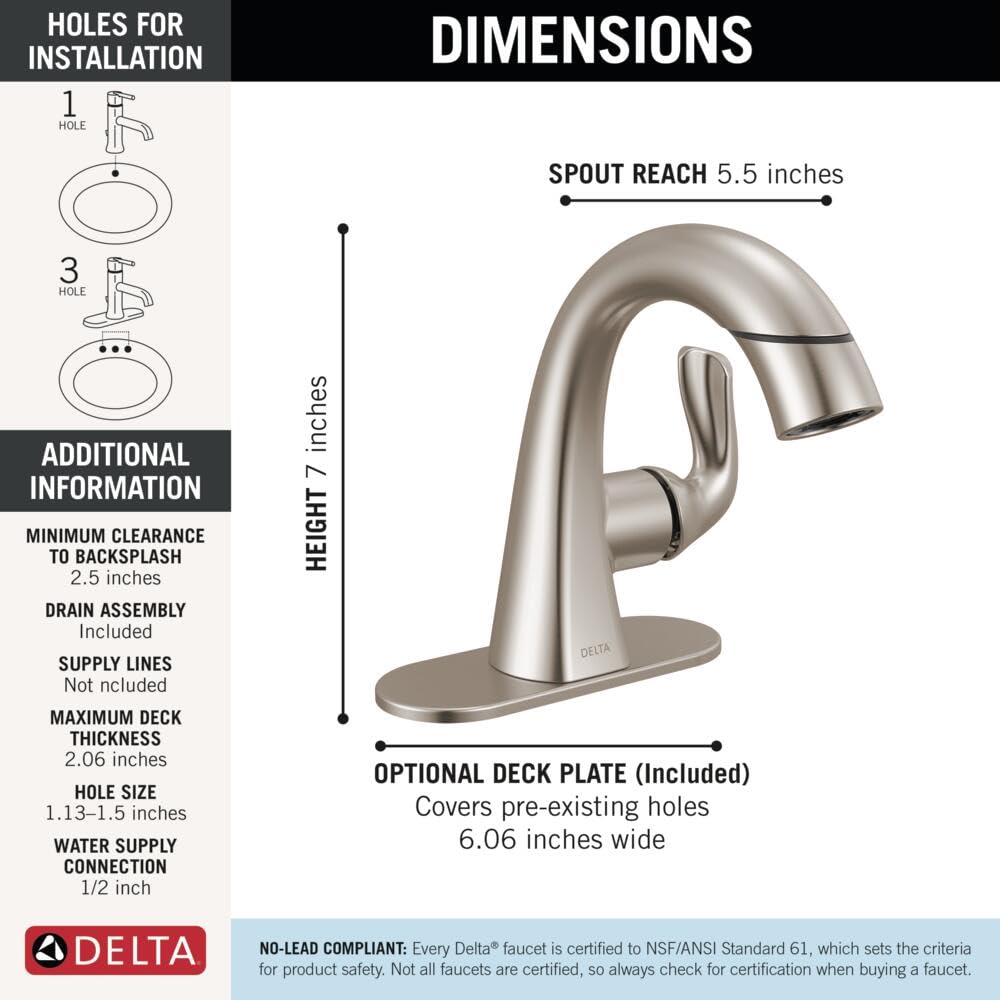 Delta Arvo push-pop drain makes removing hair and debris quick and simple.