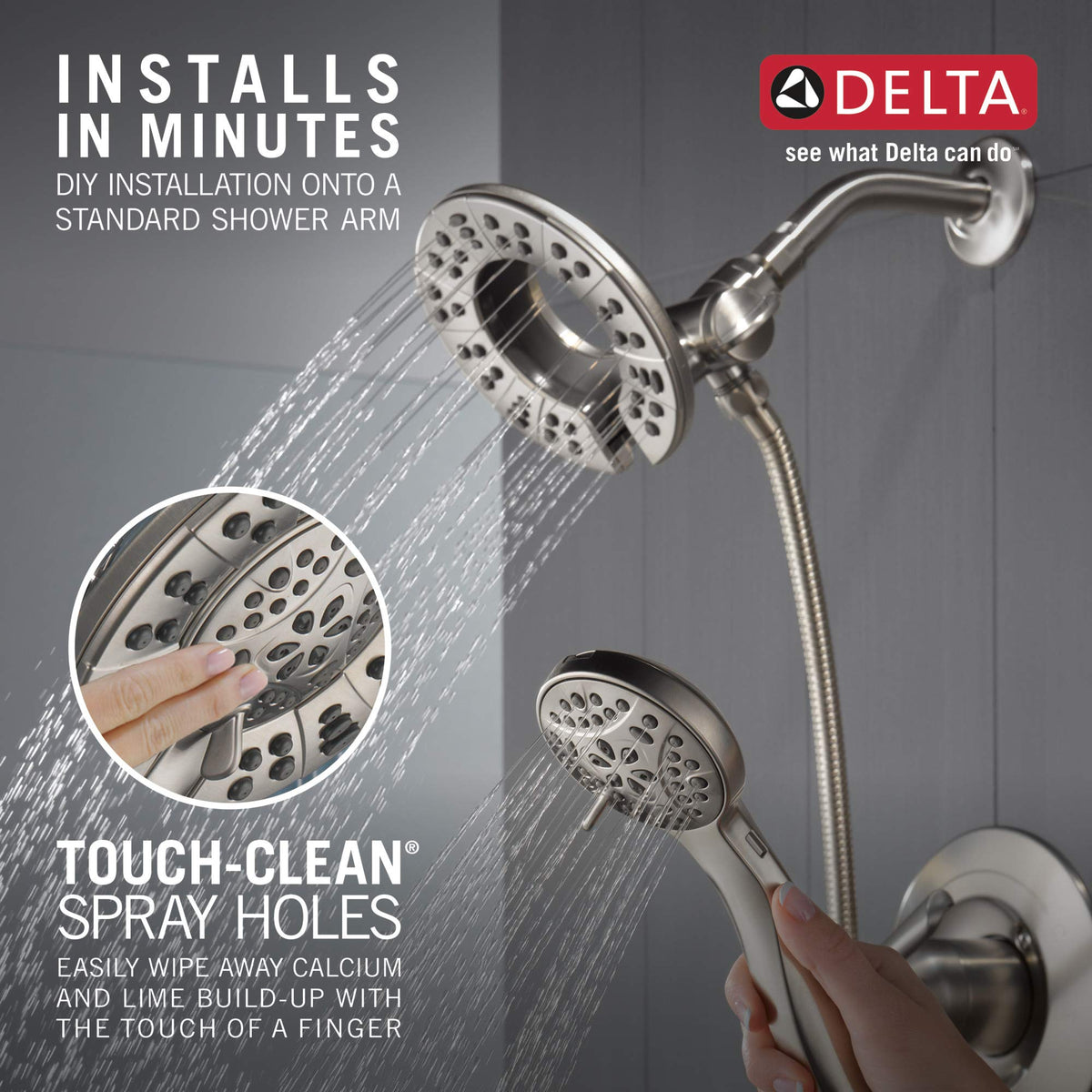 Delta Arvo 2-in-1 shower set offers versatile bathing options.