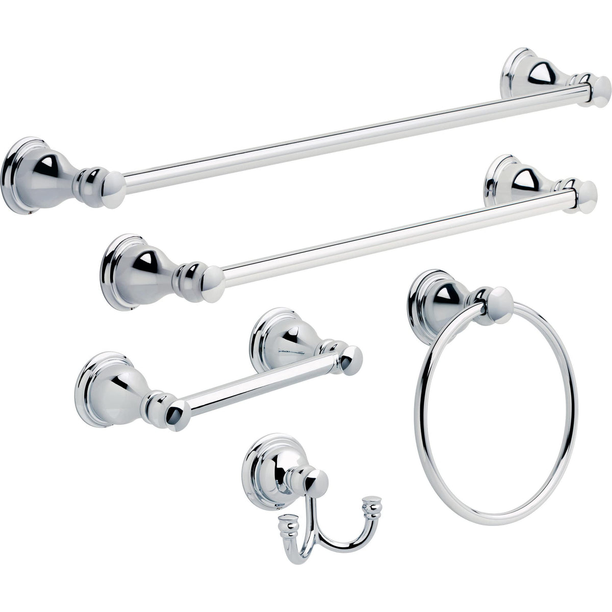 Polished chrome finish reflection highlights Delta Aubrey towel ring's bright look.