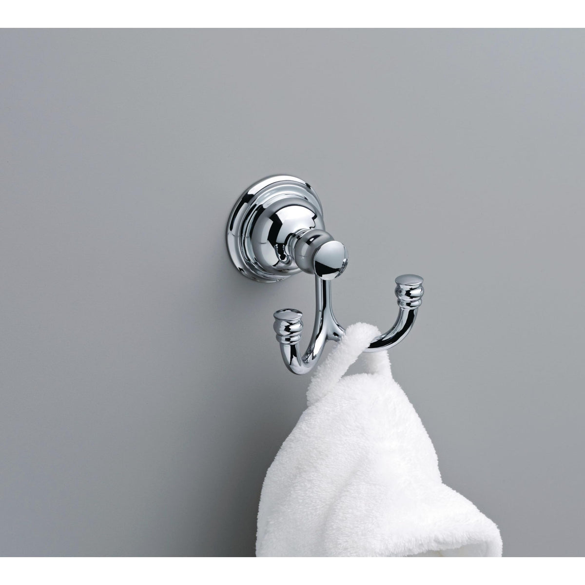 DELTA Aubrey Robe Hook wall-mount shown as compact bathroom organizer.