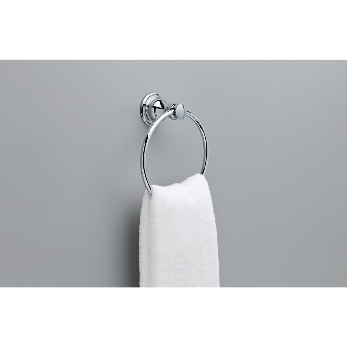 Close-up of Delta Aubrey round towel ring in polished chrome finish.