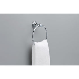 Close-up of Delta Aubrey round towel ring in polished chrome finish.