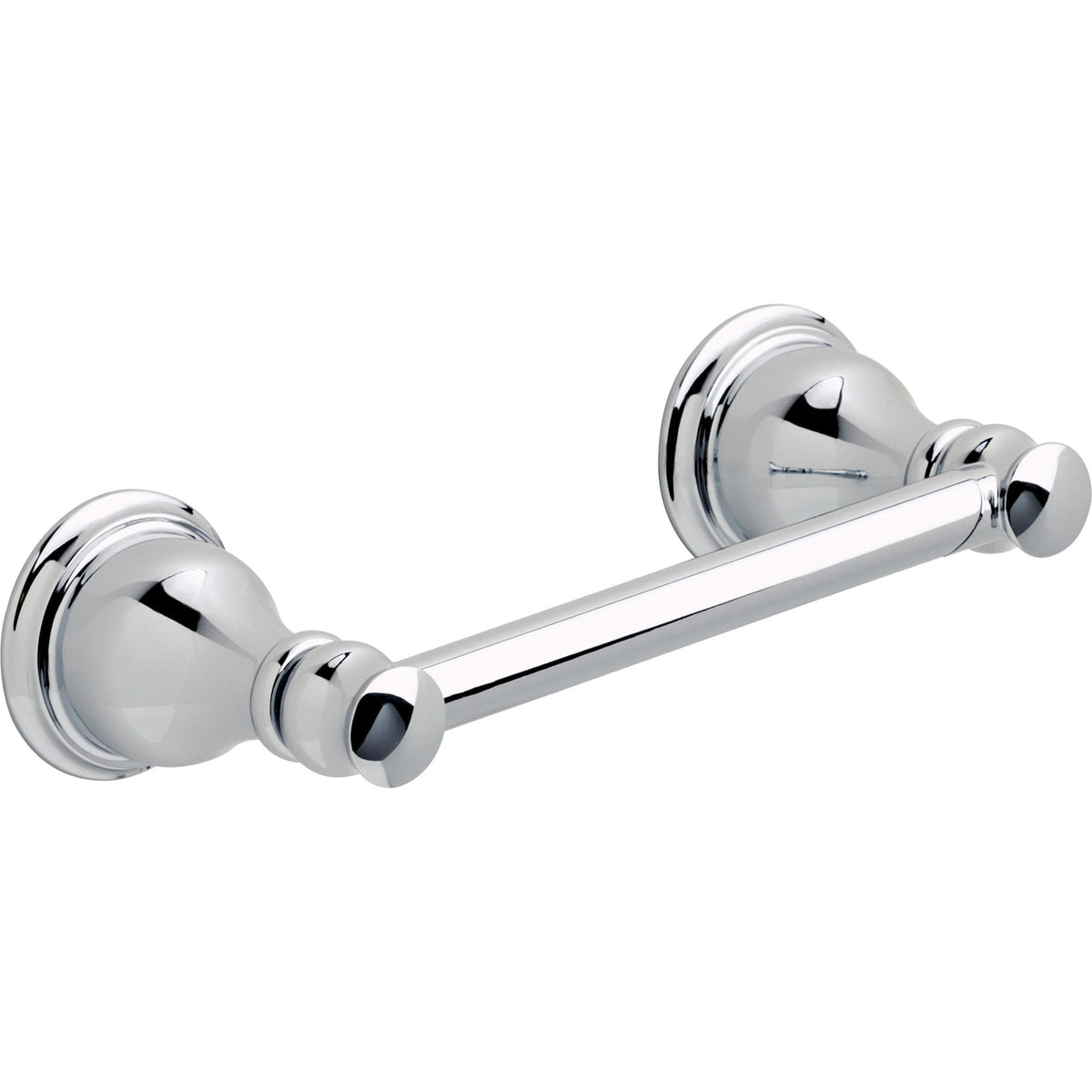 Delta Aubrey wall-mount pivot arm toilet paper holder polished chrome for easy roll changes.