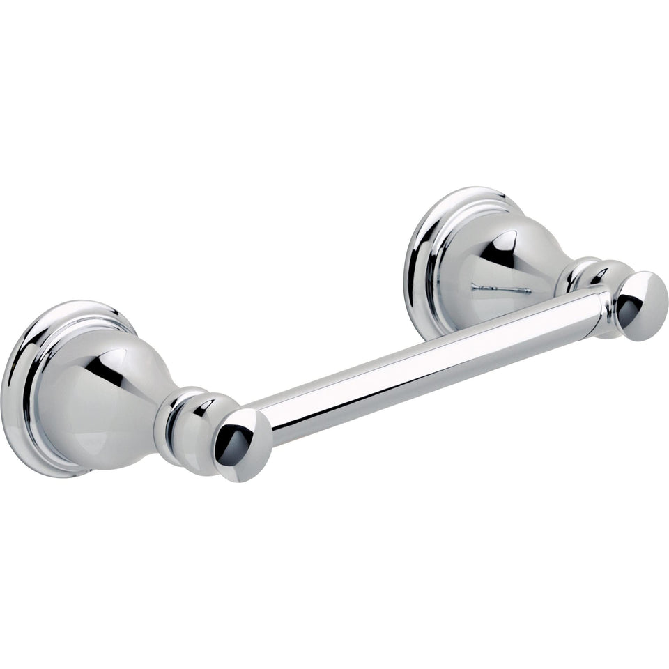 Delta Aubrey wall-mount pivot arm toilet paper holder polished chrome for easy roll changes.