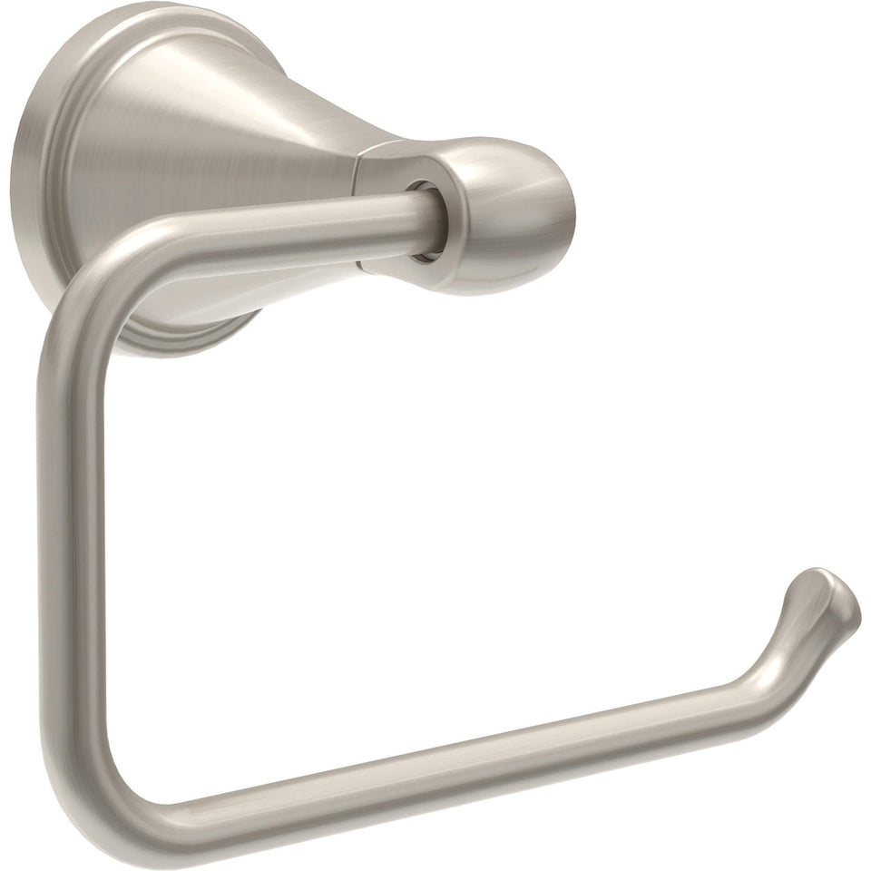 Delta Becker toilet paper holder in brushed nickel, close-up of sleek, space-saving design.